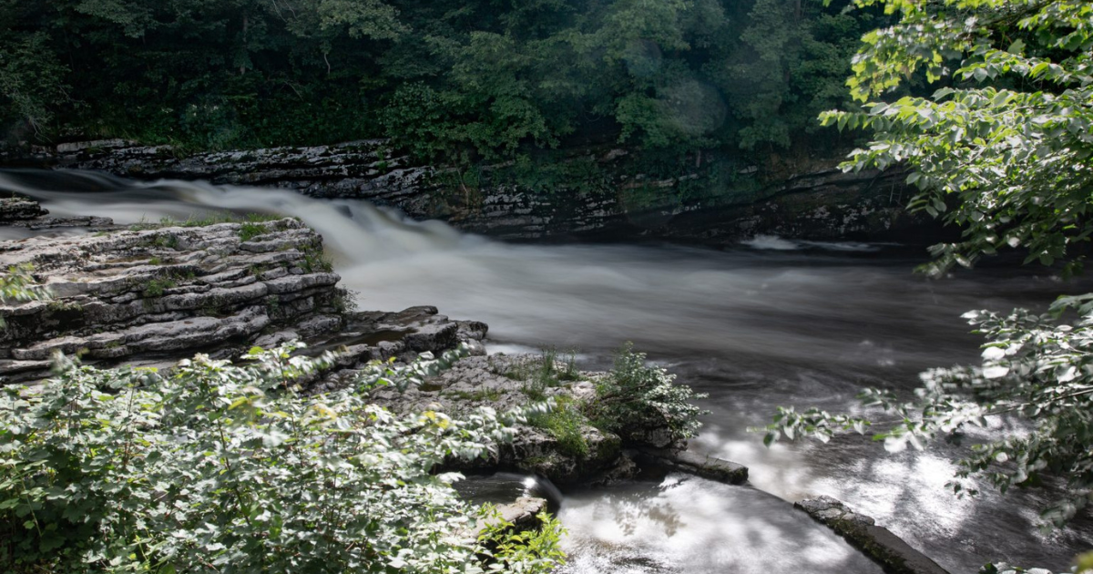 A view of the River Kent amid rocks and trees, using a slow shutter speed on the camera so that the water is blurred.