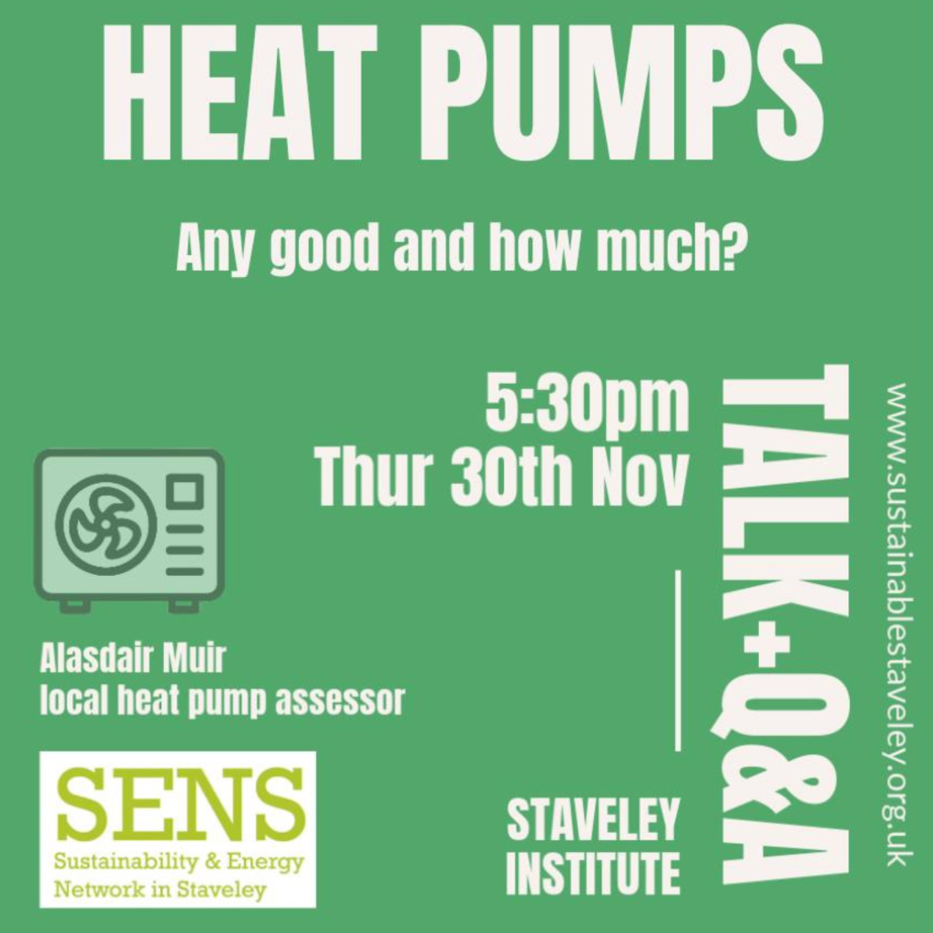 A green poster about a heat pumps talk and q&a