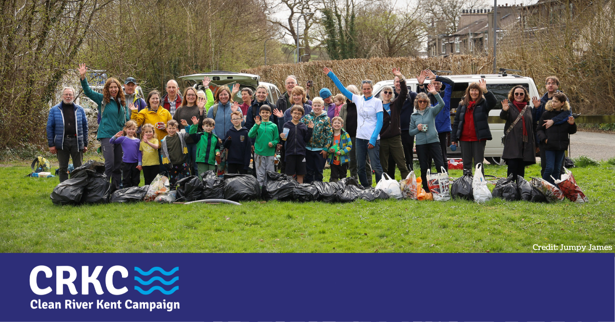 A large group of volunteers stands behind a collection of bin bags that they've used to collect rubbish.