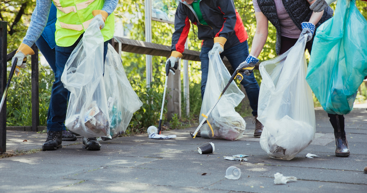 A group of people with plastic backs a litter pickers picking up litter on a pavement.