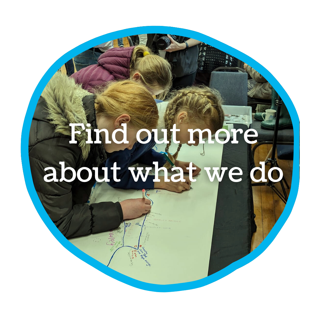 A circular button showing an image of children at a Clean River Kent Campaign event with the words 'Find out more about what we do' overlaid.