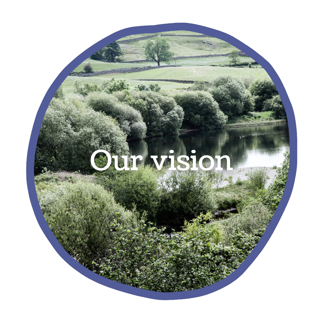 A button with a circular image of the river Kent in a meeting, with the words 'Our vision' overlaid